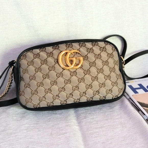 Gucci Black GG Canvas Crossbody with Beige Leather Logo Patch Gucci Canvas GG Marmont Crossbody Shoulder Bag - Black main image 4